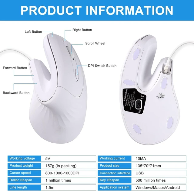 Alt view image 7 of 7 - HXMJ-Vertical Mouse Wired,USB Ergonomic Optical Mice,Silent Click,Right Handed-White