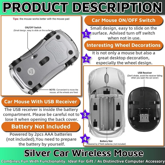 Alt view image 5 of 6 - HuGuWdy Silver Car Mouse2.4G with USB Reciver 1600DPI Computer Mice Wireless for Computer Wireless Computer Mouse for Laptop Tablet for Windows Mac OSSilver