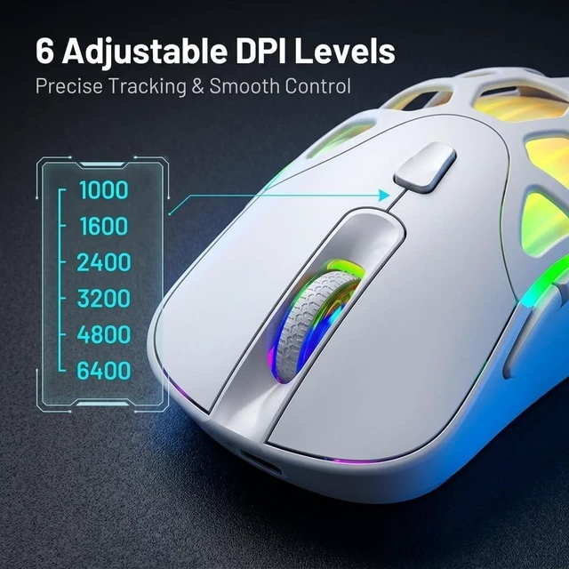 Alt view image 3 of 7 - MELOGAGA Wireless Gaming Mouse, Bluetooth/2.4G, 6400 DPI, RGB -White