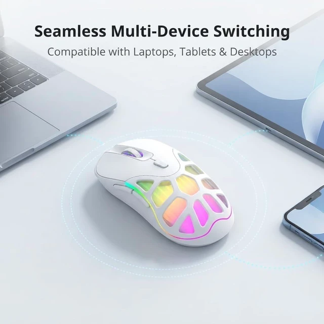 Alt view image 7 of 7 - MELOGAGA Wireless Gaming Mouse, Bluetooth/2.4G, 6400 DPI, RGB -White