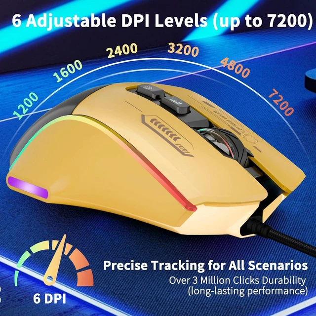 Alt view image 3 of 7 - Gaming Mouse, Wired Gaming Mouse with RGB Backlit, 7200DPI Adjustable, PC Gaming Mice with 7 rogrammable Macro Buttonsg, Ergonomic Mouse Gamer for PC, Desktop, MacLaptop, Chromebook.