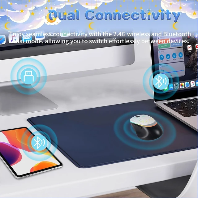Alt view image 4 of 6 - elec Space Bluetooth Wireless Mouse with Starry Sky RGB Backlight& Gradient Breathing Light - Ergonomic Dual Mode Rechargeable Mouse, Type-C Charging - Perfect for Office, Gaming & Travel (White)