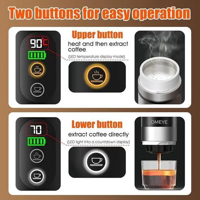 Alt view image 3 of 6 - OMEYE Portable Espresso Maker 3-in-1, 20 Bar Self-Heating Cordless Coffee Machine with LED Display, Dual 7500mAh Detachable Battery, USB-C Charging for Camping Travel Office, Black