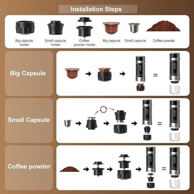 Alt view image 2 of 6 - OMEYE Portable Espresso Maker 3-in-1, 20 Bar Self-Heating Cordless Coffee Machine with LED Display, Dual 7500mAh Detachable Battery, USB-C Charging for Camping Travel Office, Black