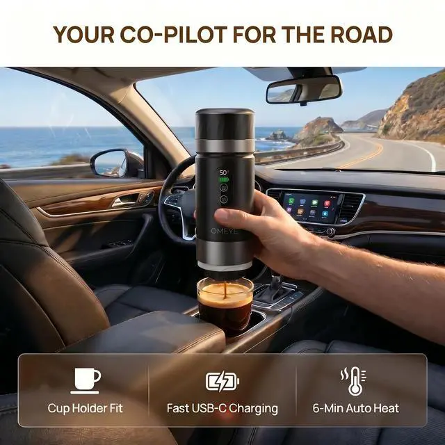 Alt view image 4 of 6 - OMEYE Portable Espresso Maker 3-in-1, 20 Bar Self-Heating Cordless Coffee Machine with LED Display, Dual 7500mAh Detachable Battery, USB-C Charging for Camping Travel Office, Black