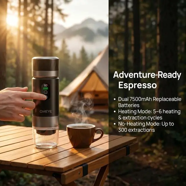 Alt view image 6 of 6 - OMEYE Portable Espresso Maker 3-in-1, 20 Bar Self-Heating Cordless Coffee Machine with LED Display, Dual 7500mAh Detachable Battery, USB-C Charging for Camping Travel Office, Black