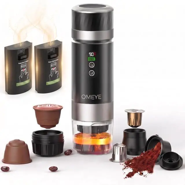 Main image of OMEYE Portable Espresso Maker 3-in-1, 20 Bar Self-Heating Cordless Coffee Machine with LED Display, Dual 7500mAh Detachable Battery, USB-C Charging for Camping Travel Office, Black
