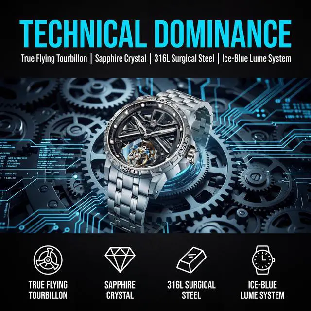 Alt view image 2 of 7 - EEIJOY Flying Tourbillon Mechanical Watch Men | Caliber 8005 Manual | Sapphire Crystal | 316L Steel | BGW9 Lume | 30M Water Resistant | Skeleton | Bonus Leather Strap
