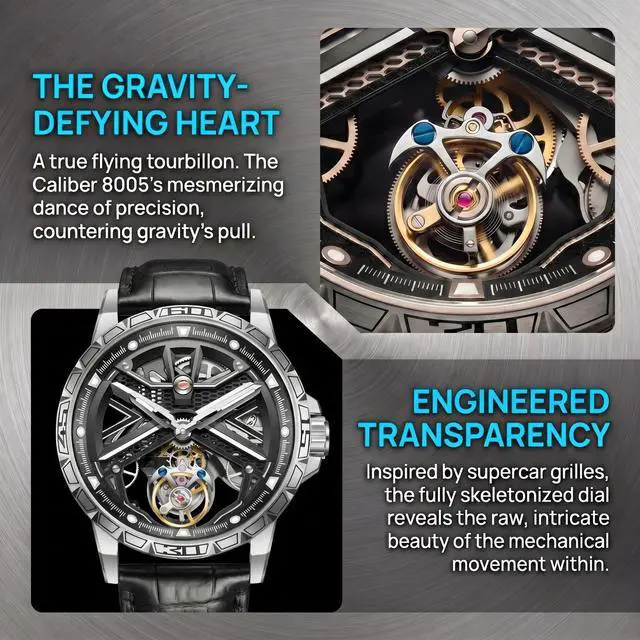 Alt view image 3 of 7 - EEIJOY Flying Tourbillon Mechanical Watch Men | Caliber 8005 Manual | Sapphire Crystal | 316L Steel | BGW9 Lume | 30M Water Resistant | Skeleton | Bonus Leather Strap