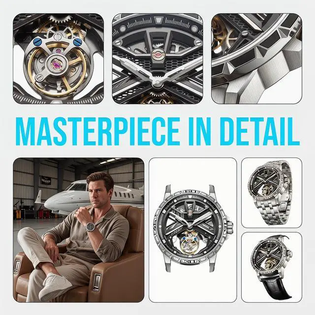 Alt view image 4 of 7 - EEIJOY Flying Tourbillon Mechanical Watch Men | Caliber 8005 Manual | Sapphire Crystal | 316L Steel | BGW9 Lume | 30M Water Resistant | Skeleton | Bonus Leather Strap