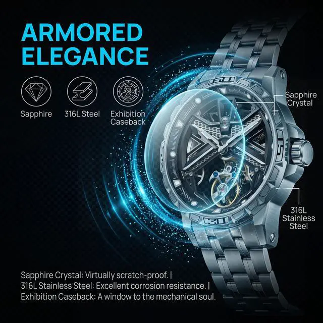 Alt view image 5 of 7 - EEIJOY Flying Tourbillon Mechanical Watch Men | Caliber 8005 Manual | Sapphire Crystal | 316L Steel | BGW9 Lume | 30M Water Resistant | Skeleton | Bonus Leather Strap
