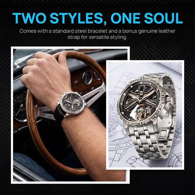 Alt view image 6 of 7 - EEIJOY Flying Tourbillon Mechanical Watch Men | Caliber 8005 Manual | Sapphire Crystal | 316L Steel | BGW9 Lume | 30M Water Resistant | Skeleton | Bonus Leather Strap