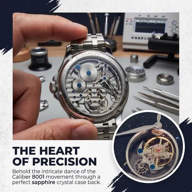 Alt view image 3 of 7 - EEIJOY Celestial Flying Tourbillon Dress Watch for Men | Caliber 8001 Manual Winding | Sapphire Crystal | 316L Stainless Steel | Starry Sky Dial | 30M Water Resistant | Bonus Leather Strap