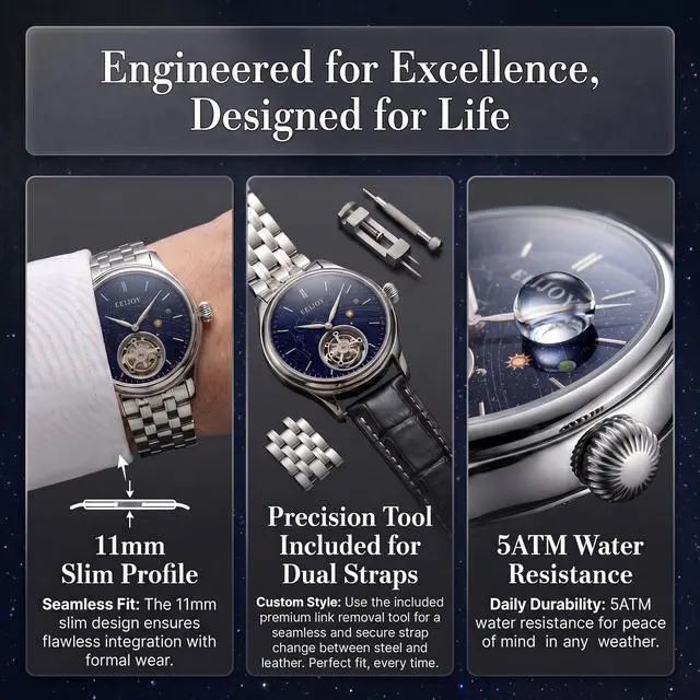 Alt view image 4 of 7 - EEIJOY Celestial Flying Tourbillon Dress Watch for Men | Caliber 8001 Manual Winding | Sapphire Crystal | 316L Stainless Steel | Starry Sky Dial | 30M Water Resistant | Bonus Leather Strap