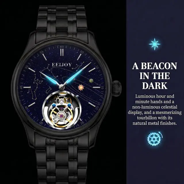 Alt view image 5 of 7 - EEIJOY Celestial Flying Tourbillon Dress Watch for Men | Caliber 8001 Manual Winding | Sapphire Crystal | 316L Stainless Steel | Starry Sky Dial | 30M Water Resistant | Bonus Leather Strap