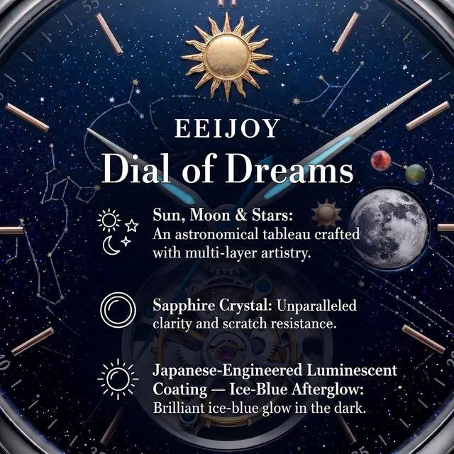 Alt view image 6 of 7 - EEIJOY Celestial Flying Tourbillon Dress Watch for Men | Caliber 8001 Manual Winding | Sapphire Crystal | 316L Stainless Steel | Starry Sky Dial | 30M Water Resistant | Bonus Leather Strap