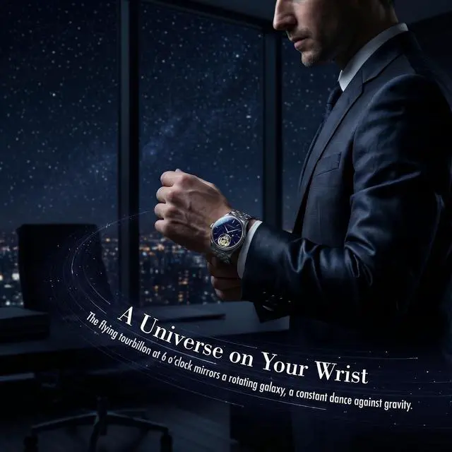 Alt view image 7 of 7 - EEIJOY Celestial Flying Tourbillon Dress Watch for Men | Caliber 8001 Manual Winding | Sapphire Crystal | 316L Stainless Steel | Starry Sky Dial | 30M Water Resistant | Bonus Leather Strap