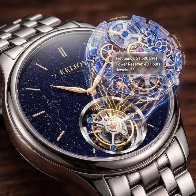 Alt view image 2 of 7 - EEIJOY Celestial Flying Tourbillon Dress Watch for Men | Caliber 8001 Manual Winding | Sapphire Crystal | 316L Stainless Steel | Starry Sky Dial | 30M Water Resistant | Bonus Leather Strap