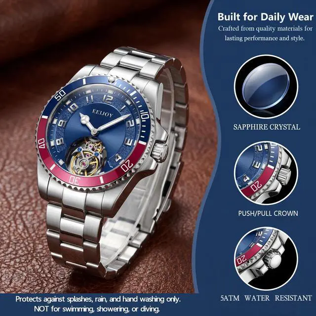 Alt view image 3 of 5 - EEIJOY Vintage Sport Flying Tourbillon Watch for Men | Caliber 8001 Manual Winding | Two-Tone Rotating Bezel | 316L Stainless Steel | BGW9 Lume | 30M Water Resistant | Bonus Leather Strap