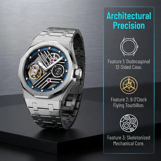 Alt view image 2 of 5 - EEIJOY Dodecagon Flying Tourbillon Mechanical Watch Men | Caliber 8001 Manual Winding | 12-Sided 316L Steel Case | Integrated Bracelet | Sapphire Skeleton | 30M Water Resistant