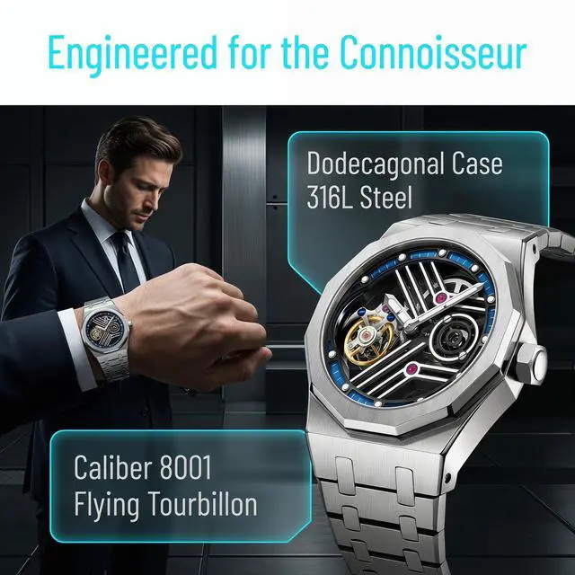 Alt view image 3 of 5 - EEIJOY Dodecagon Flying Tourbillon Mechanical Watch Men | Caliber 8001 Manual Winding | 12-Sided 316L Steel Case | Integrated Bracelet | Sapphire Skeleton | 30M Water Resistant