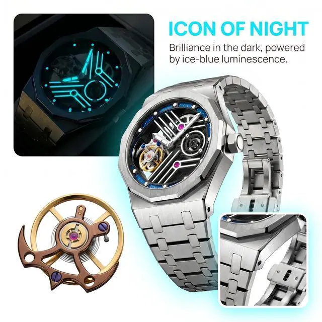 Alt view image 4 of 5 - EEIJOY Dodecagon Flying Tourbillon Mechanical Watch Men | Caliber 8001 Manual Winding | 12-Sided 316L Steel Case | Integrated Bracelet | Sapphire Skeleton | 30M Water Resistant