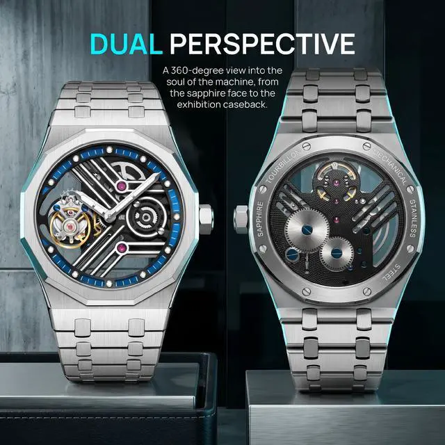 Alt view image 5 of 5 - EEIJOY Dodecagon Flying Tourbillon Mechanical Watch Men | Caliber 8001 Manual Winding | 12-Sided 316L Steel Case | Integrated Bracelet | Sapphire Skeleton | 30M Water Resistant