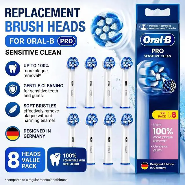 Main image of Oral-B Pro Sensitive Clean Replacement Brush Heads, 8 Count, Compatible with All Rotating Oral-B Electric Toothbrushes Except iO Series