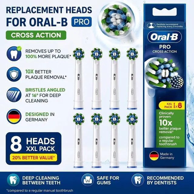 Main image of Oral-B Pro Cross Action Replacement Brush Heads, 8 Count White, Compatible with All Rotating Oral-B Electric Toothbrushes Except iO Series