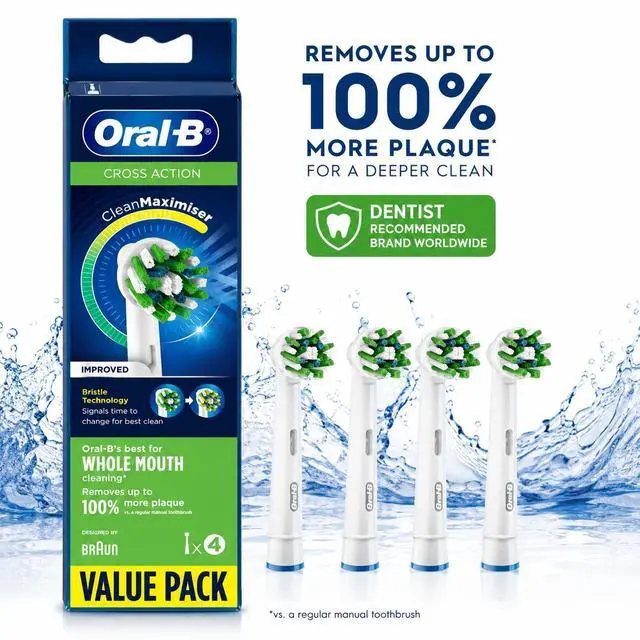 Main image of For OralB Cross Action Replacement Brush Heads, 4Pack, CleanMaximiser Bristles for Deep Plaque Removal