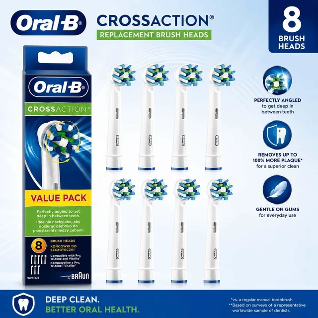 Main image of Oral-B CrossAction Replacement Brush Heads, 8Pack, Angled Bristles Deep Clean Between Teeth