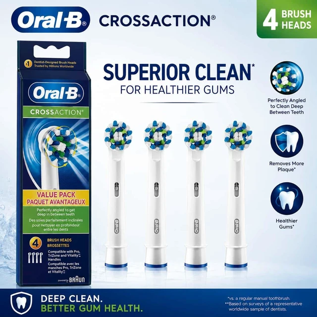 Main image of Oral-B CrossAction Toothbrush Replacement Heads, 4 Pack, MultiDirectional Bristles for Plaque Removal