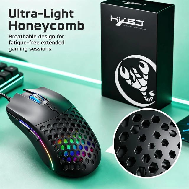 Alt view image 3 of 7 - HXSJ Wired RGB Gaming Mouse, Lightweight Honeycomb Shell, Programmable Buttons, USB Gaming Mouse Black