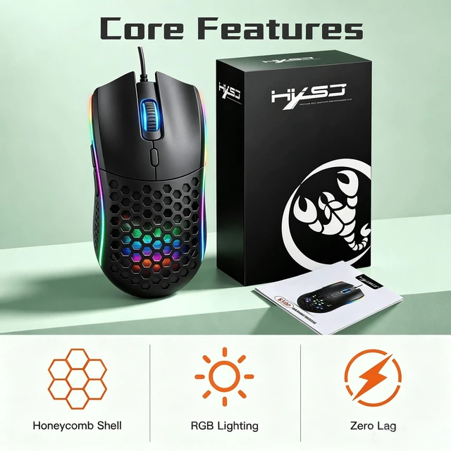 Alt view image 2 of 7 - HXSJ Wired RGB Gaming Mouse, Lightweight Honeycomb Shell, Programmable Buttons, USB Gaming Mouse Black