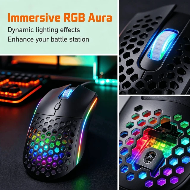 Alt view image 4 of 7 - HXSJ Wired RGB Gaming Mouse, Lightweight Honeycomb Shell, Programmable Buttons, USB Gaming Mouse Black