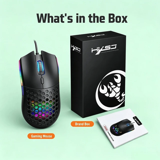 Alt view image 5 of 7 - HXSJ Wired RGB Gaming Mouse, Lightweight Honeycomb Shell, Programmable Buttons, USB Gaming Mouse Black