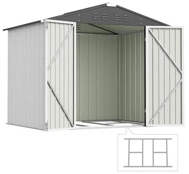 Alt view image 2 of 7 - Devoko 8 x 6 FT Storage Sheds with Floor Frame, Waterproof Garden Tool Shed with Lockable Door, Outdoor Metal Utility Shed for Backyard Patio Lawn, White