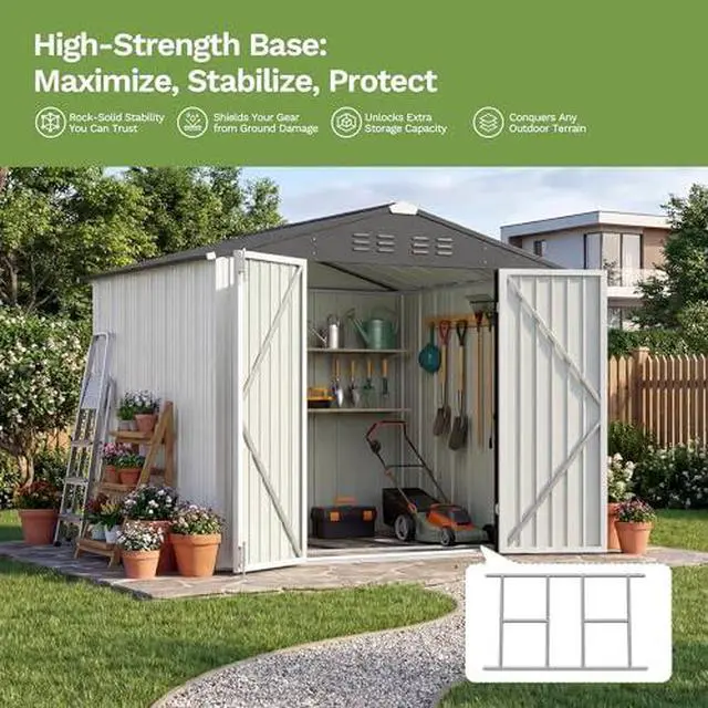 Alt view image 3 of 7 - Devoko 8 x 6 FT Storage Sheds with Floor Frame, Waterproof Garden Tool Shed with Lockable Door, Outdoor Metal Utility Shed for Backyard Patio Lawn, White