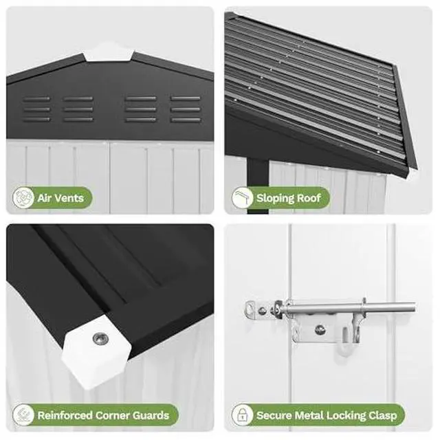 Alt view image 4 of 7 - Devoko 8 x 6 FT Storage Sheds with Floor Frame, Waterproof Garden Tool Shed with Lockable Door, Outdoor Metal Utility Shed for Backyard Patio Lawn, White