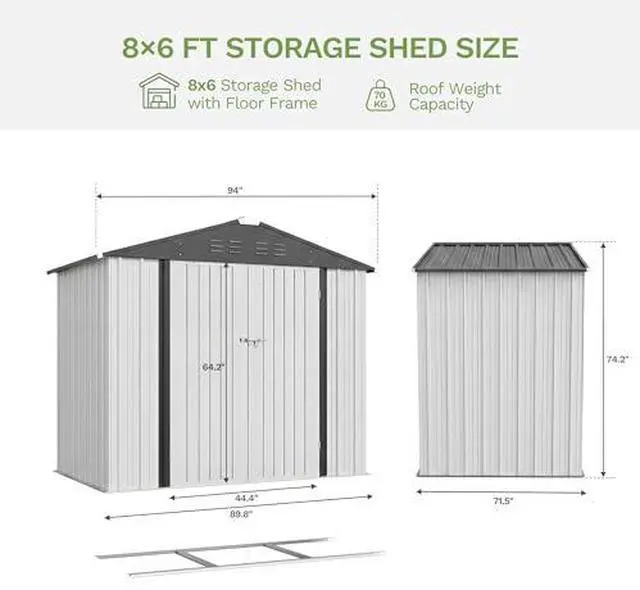 Alt view image 6 of 7 - Devoko 8 x 6 FT Storage Sheds with Floor Frame, Waterproof Garden Tool Shed with Lockable Door, Outdoor Metal Utility Shed for Backyard Patio Lawn, White