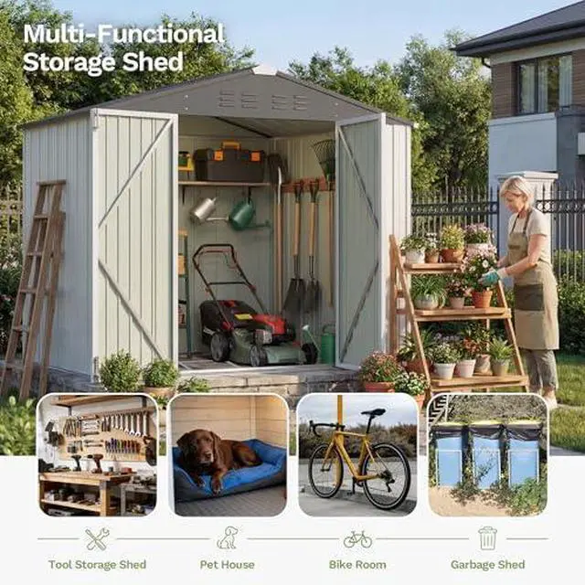 Alt view image 5 of 7 - Devoko 8 x 6 FT Storage Sheds with Floor Frame, Waterproof Garden Tool Shed with Lockable Door, Outdoor Metal Utility Shed for Backyard Patio Lawn, White