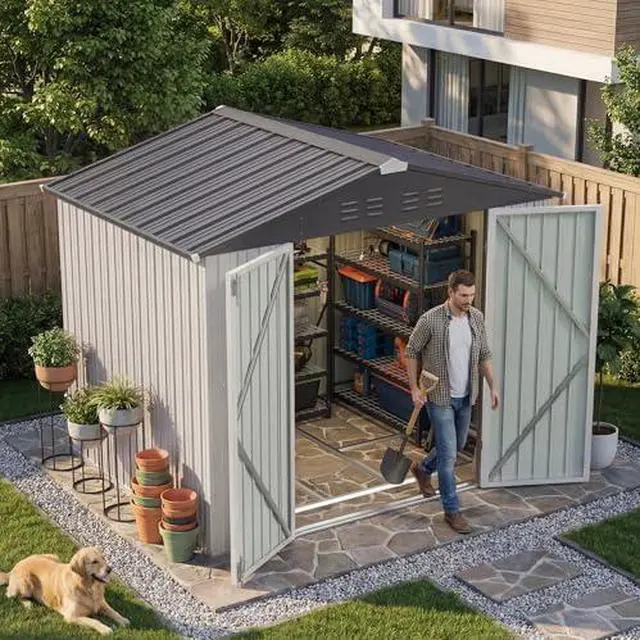 Alt view image 7 of 7 - Devoko 8 x 6 FT Storage Sheds with Floor Frame, Waterproof Garden Tool Shed with Lockable Door, Outdoor Metal Utility Shed for Backyard Patio Lawn, White