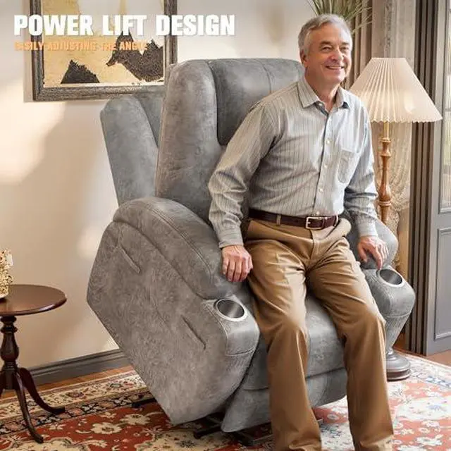Alt view image 4 of 7 - Flamaker Power Lift Recliner Chair Electric Lift Recliner for Elderly Power Lift Recliner Chair with Cup Holders Side Pockets for Living Room (Leathaire, Light Gray)