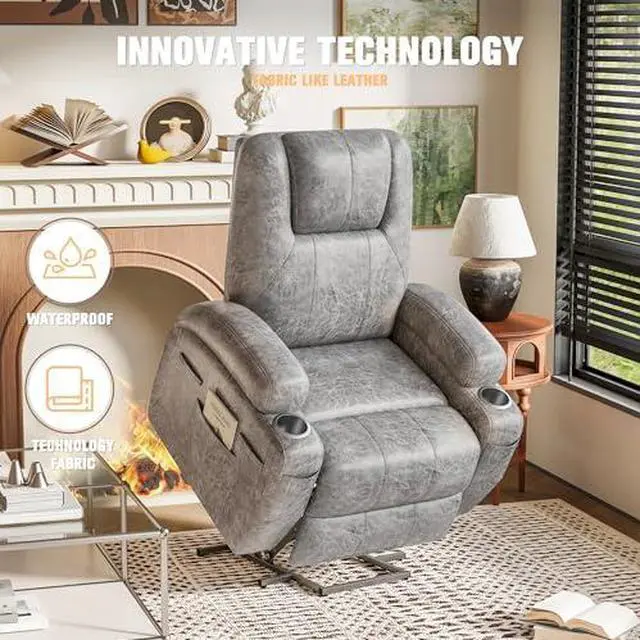 Alt view image 7 of 7 - Flamaker Power Lift Recliner Chair Electric Lift Recliner for Elderly Power Lift Recliner Chair with Cup Holders Side Pockets for Living Room (Leathaire, Light Gray)