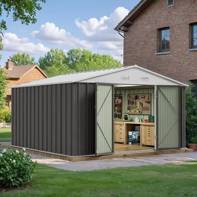 Alt view image 2 of 6 - JUMMICO 10 x 10 FT Outdoor Storage Shed, Large Metal Garden Shed & Tool Sheds for Backyard Garden Patio Lawn (Grey)