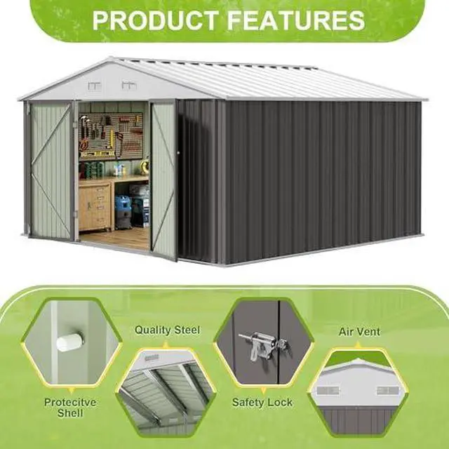 Alt view image 4 of 6 - JUMMICO 10 x 10 FT Outdoor Storage Shed, Large Metal Garden Shed & Tool Sheds for Backyard Garden Patio Lawn (Grey)