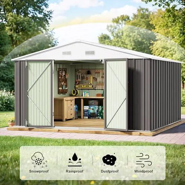 Alt view image 5 of 6 - JUMMICO 10 x 10 FT Outdoor Storage Shed, Large Metal Garden Shed & Tool Sheds for Backyard Garden Patio Lawn (Grey)