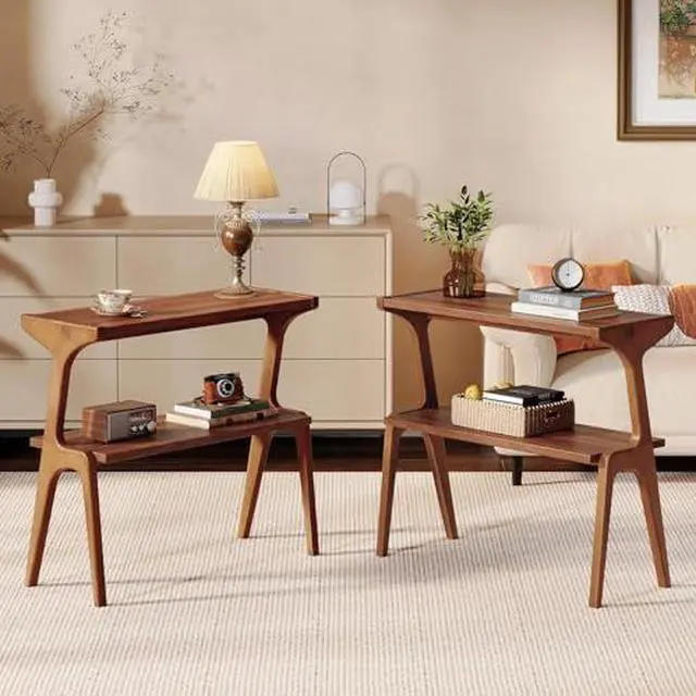 Main image of Set of 2 Solid Wood End Table, 2-Tier Side Table with Storage Shelf, Wooden Modern Accent Slim Bedside Table for Sofa, Living Room, Bedroom, Small Space, Easy Assembly, Rustic Brown