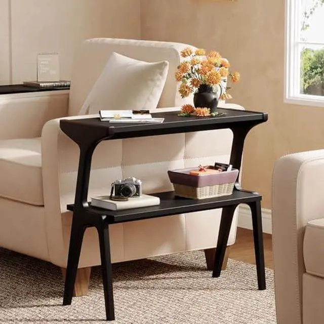 Alt view image 5 of 7 - Solid Wood End Table, 2-Tier Side Table with Storage Shelf, Wooden Modern Accent Slim Bedside Table for Sofa, Living Room, Bedroom, Small Space, Easy Assembly, Black