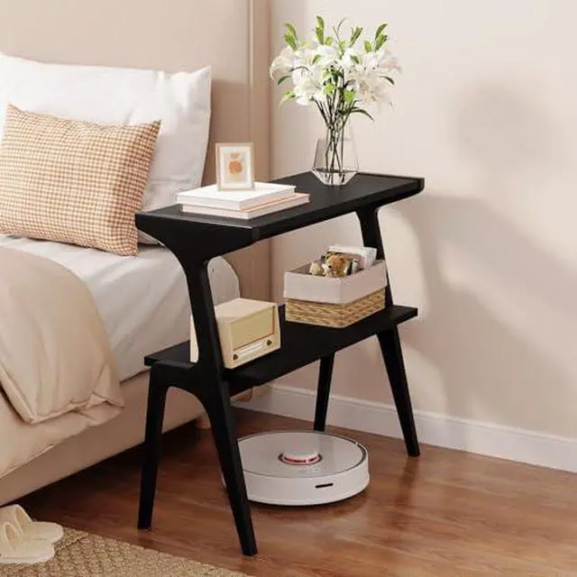 Alt view image 7 of 7 - Solid Wood End Table, 2-Tier Side Table with Storage Shelf, Wooden Modern Accent Slim Bedside Table for Sofa, Living Room, Bedroom, Small Space, Easy Assembly, Black